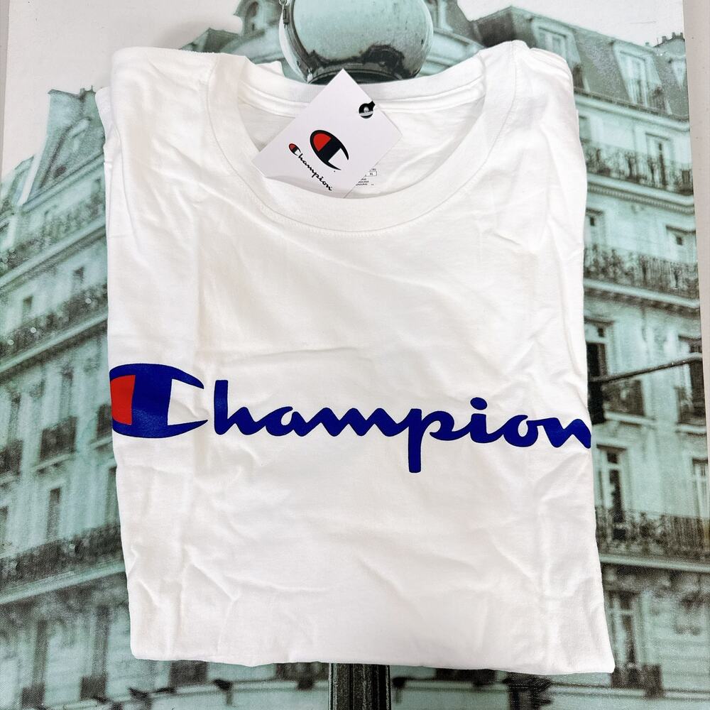 Champion Men’s XL White Cotton T‑Shirt Blue Script Logo GT23H NWT